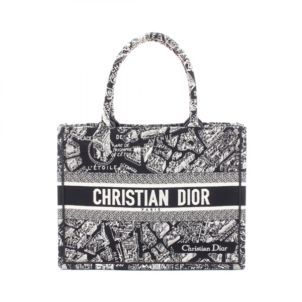 Christia Dior BOOK TOTE Medium hand Bag canvas jacquard Black White Used women