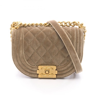 CHANEL Boy Chanel Mini Matelasse chain Shoulder Bag Fabric Khaki Used GHW Women