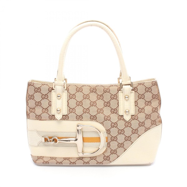 GUCCI Horsebit Sherry Line Handbag 137475 canvas leather Beige White Used GG