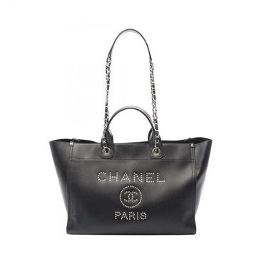 CHANEL Deauville Tote chain shoulder Bag A57067 Calf leather Black Used SHW