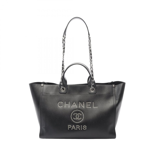 CHANEL Deauville Tote chain shoulder Bag A57067 Calf leather Black Used SHW