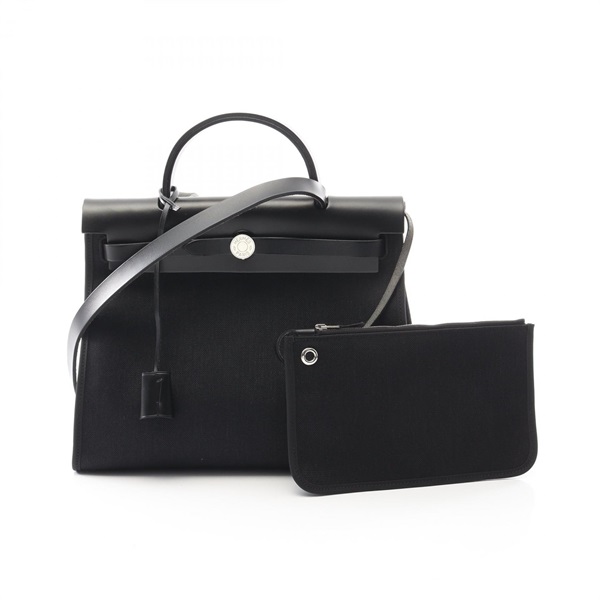 HERMES Herbag Zip PM Shoulder Handbag Toile canvas leather Black Used SHW D