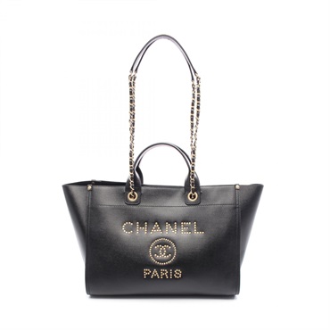 CHANEL Deauville Tote chain shoulder Bag A57067 leather Black Used Women GHW