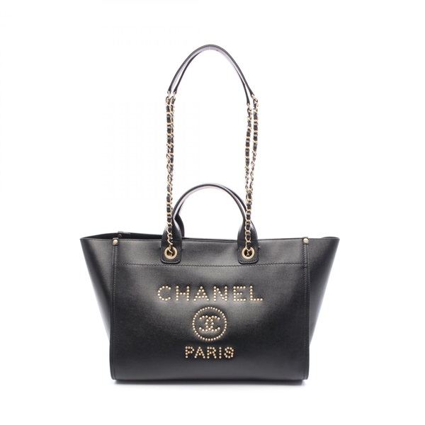 CHANEL Deauville Tote chain shoulder Bag A57067 leather Black Used Women GHW