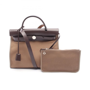 HERMES Herbag Zip PM shoulder Handbag X H060300CK Toile officier Etoupe Grey SHW