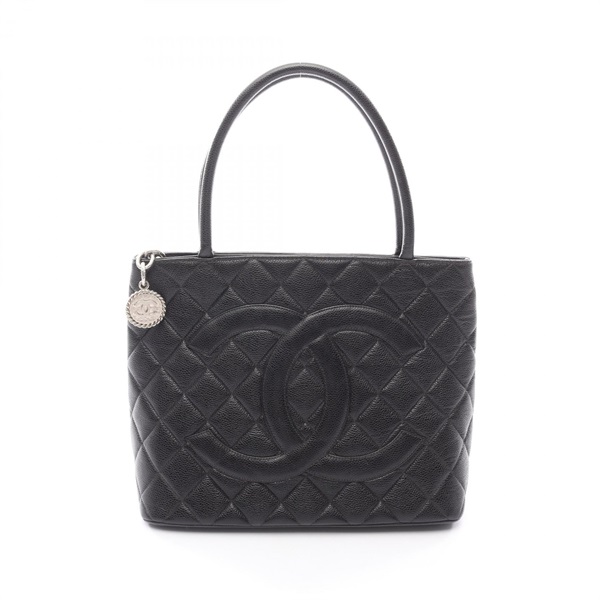 CHANEL Medallion tote hand Bag Calfskin leather Black Used SHW Women