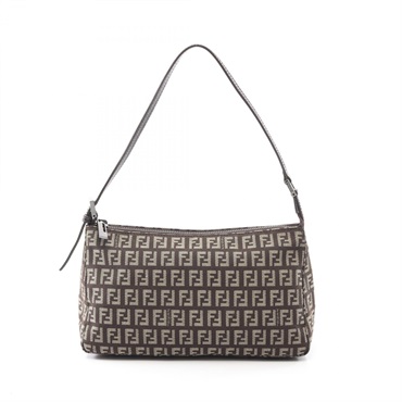 FENDI Zucchino Shoulder Bag pouch canvas leather Brown Beige Used Women