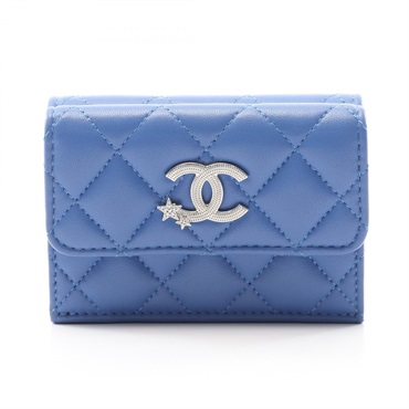 CHANEL Matelasse Tri-fold compact purse wallet Lambskin Blue Used SHW Women