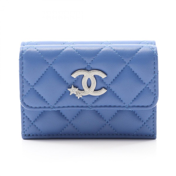 CHANEL Matelasse Tri-fold compact purse wallet Lambskin Blue Used SHW Women