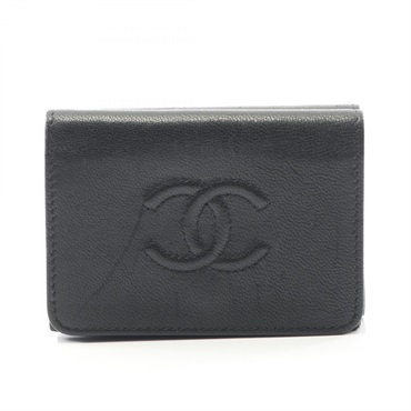 CHANEL COCO Mark Tri-fold wallet leather Black Used Women CC
