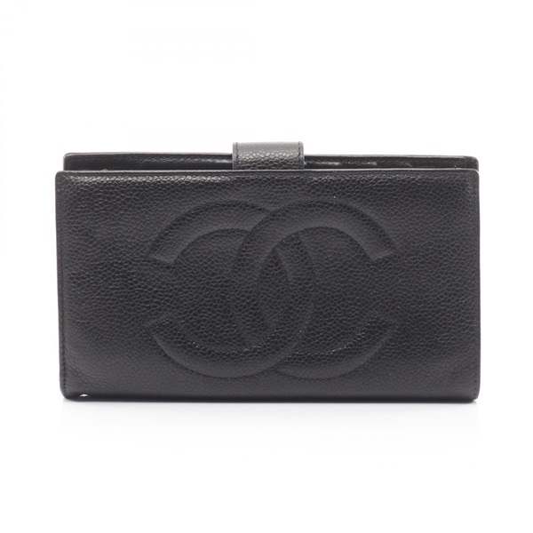 CHANEL COCO Mark Bifold Purse Wallet Calfskin Black Used Women CC