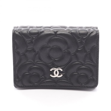 CHANEL Camelia Tri-fold compact purse wallet leather Black Used SHW Women