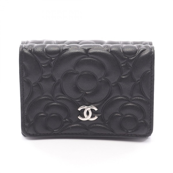 CHANEL Camelia Tri-fold compact purse wallet leather Black Used SHW Women