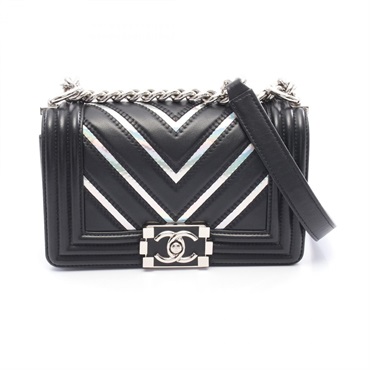 CHANEL Boy Chanel Small Chevron V Stitch chain Shoulder Bag Patent leather SHW