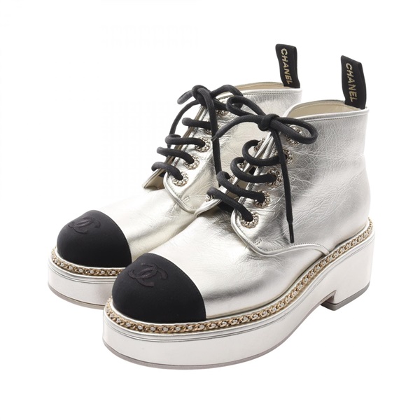 CHANEL COCO Mark boots Shoes leather Fabric Silver Black Used Women size 37C CC