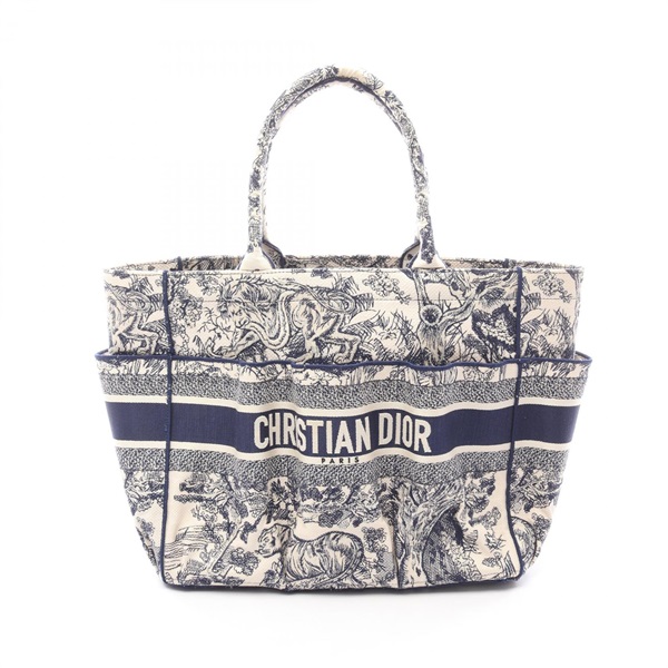 Dior BOOK TOTE Embroidered Gardener Hand Bag canvas Navy Beige Used Women logo
