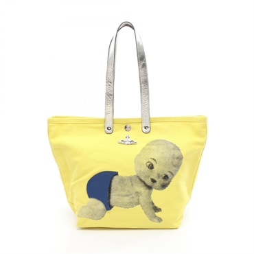 Vivienne Westwood UTILITY S SHOPPER Tote Bag canvas leather Yellow Silver Used