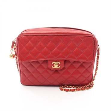 CHANEL Matelasse chain shoulder crossbody Bag Grained Calf leather Red Used GHW