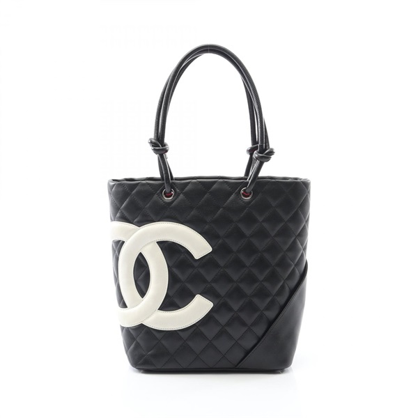 CHANEL Cambon line medium Tote hand Bag leather Black White Used Women SHW