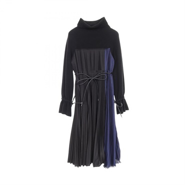 Sacai Pleated Dress high-neck #1 wool Nylon Black Blue Used Women