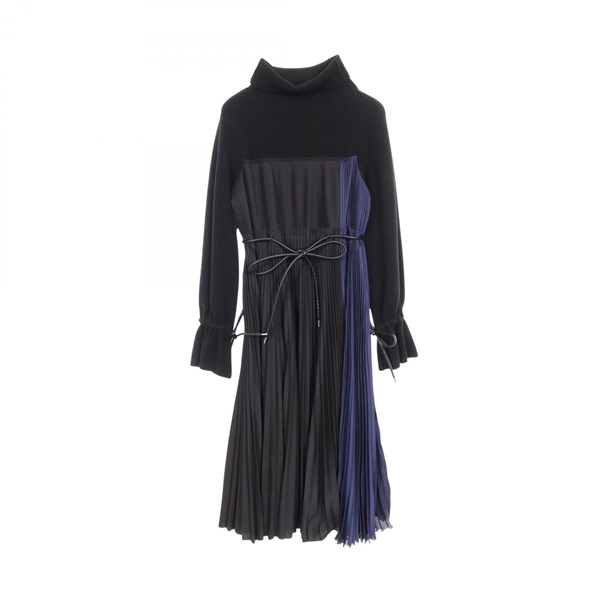 Sacai Pleated Dress high-neck #1 wool Nylon Black Blue Used Women
