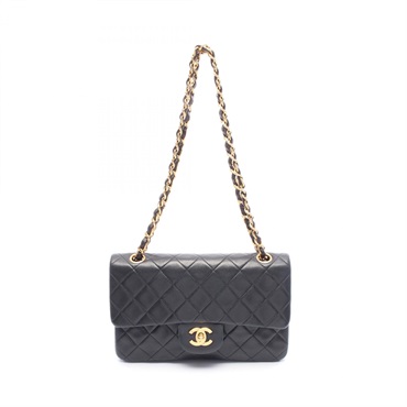 CHANEL Matelasse W flap chain Shoulder Bag Lambskin Black Used Women GHW