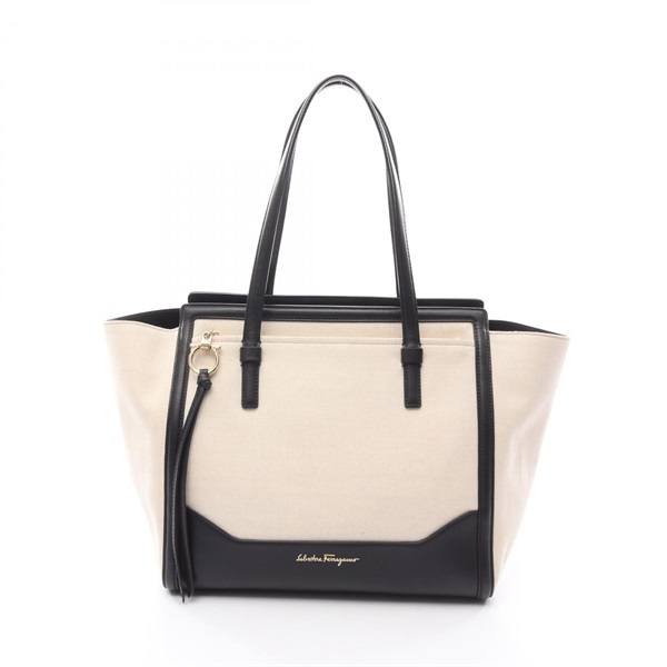 Salvatore Ferragamo Amy Gancini Tote Bag 21 F759 canvas leather Beige Black Used