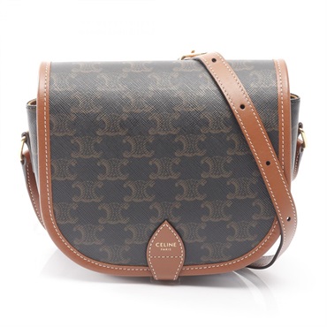 CELINE Folco Medium Triomphe Shoulder Bag canvas leather Black Brown Used Women