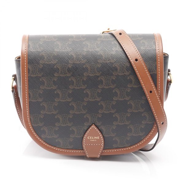 CELINE Folco Medium Triomphe Shoulder Bag canvas leather Black Brown Used Women