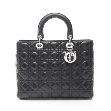 Christian Dior Lady Dior Large Handbag leather Black Used Women SHW No strap