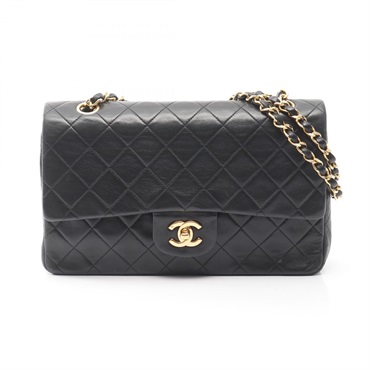 CHANEL Matelasse W flap chian Shoulder hand Bag Lambskin Black Used Women GHW