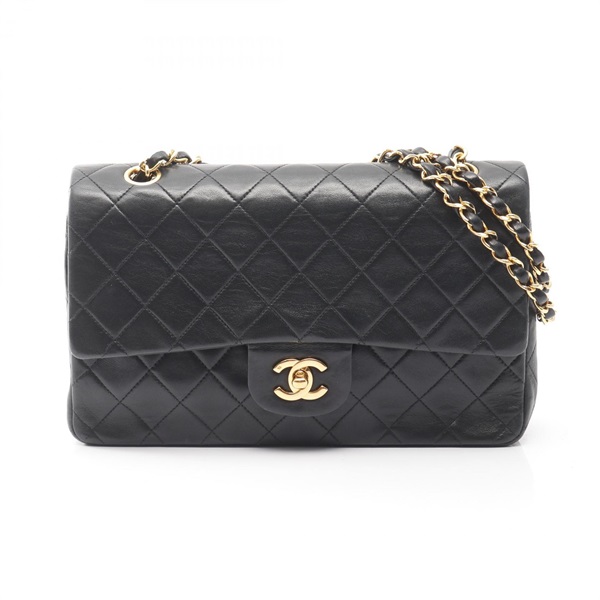 CHANEL Matelasse W flap chian Shoulder hand Bag Lambskin Black Used Women GHW