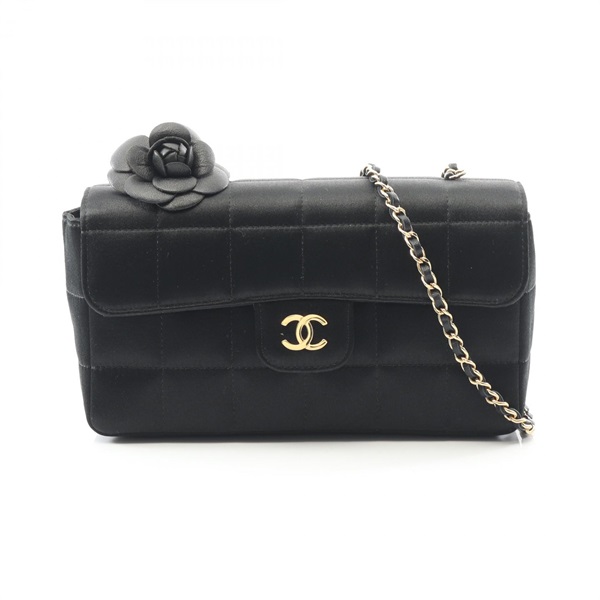 CHANEL Chocolate Bar Camelia chain Shoulder crossbody Bag Fabric Black Used GHW