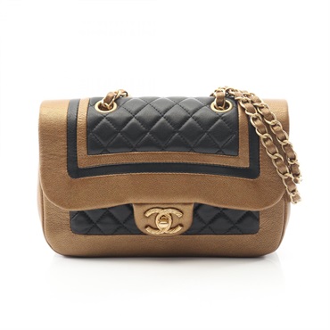 CHANEL Matelasse W flap Chain Shoulder Bag leather Brown Black Used Women GHW