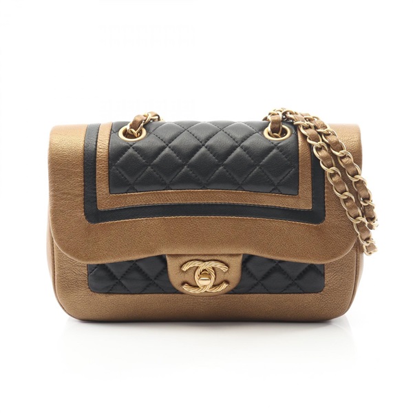 CHANEL Matelasse W flap Chain Shoulder Bag leather Brown Black Used Women GHW