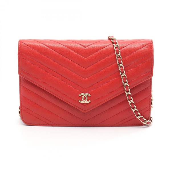 CHANEL Chevron V Stitch Chain Shoulder Bag AP0250 leather Red Used Women GHW CC