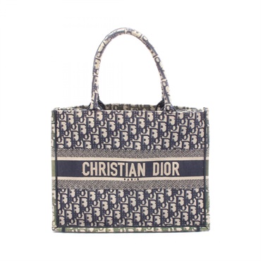 Dior BOOK TOTE Medium Oblique Bag canvas Navy Beige Used Women logo