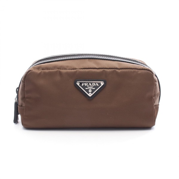 PRADA Pouch Case Nylon leather Brown Black Triangle logo Used Women