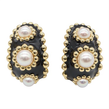 CHANEL Three Symbol Enamel Pearl Earrings 18KYG Yellow Gold White Used Women  CC