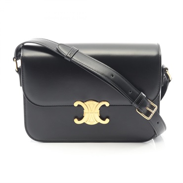CELINE Classic Triomphe Medium Crossbody Shoulder Bag Leather Black Used Women