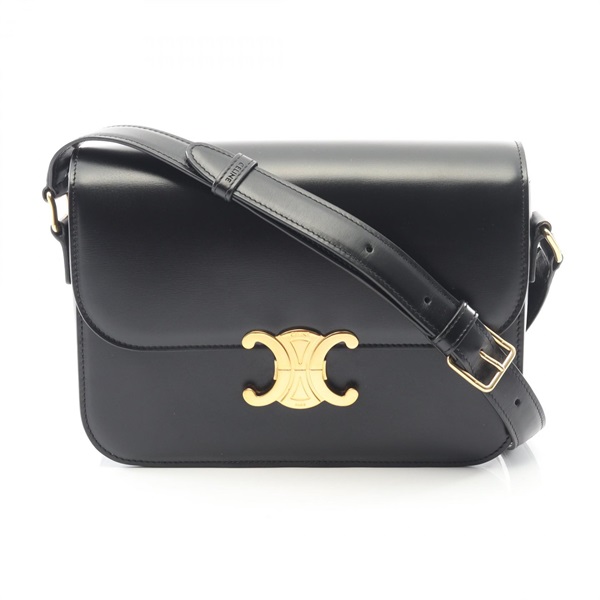 CELINE Classic Triomphe Medium Crossbody Shoulder Bag Leather Black Used Women