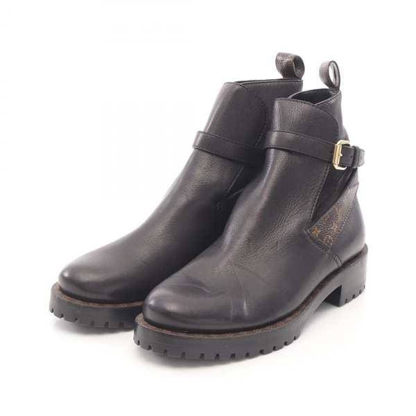 LOUIS VUITTON Short boots shoes Monogram canvas leather Black Brown Used #34