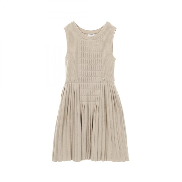 CHANEL COCO Mark Pleated Dress #38 sleeveless wool Beige Used Women