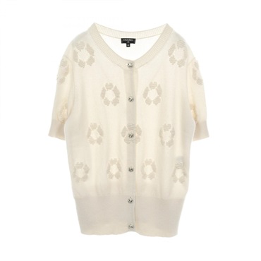 CHANEL Camellia Jacquard half-sleeve cardigan knitwear cashmere Beige Used #40