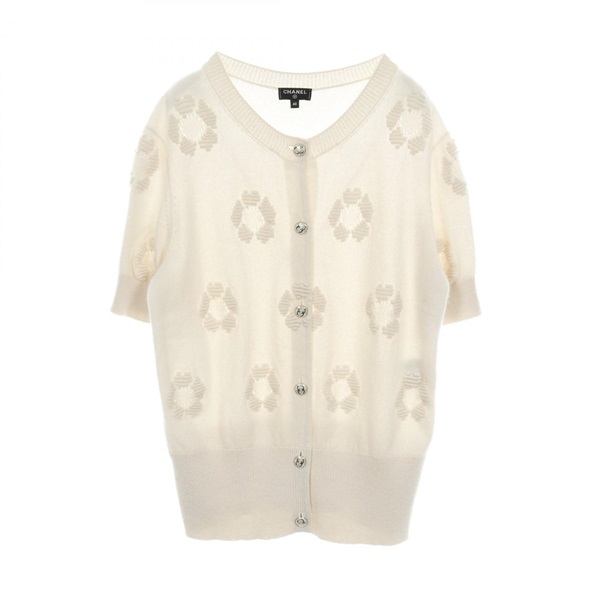 CHANEL Camellia Jacquard half-sleeve cardigan knitwear cashmere Beige Used #40