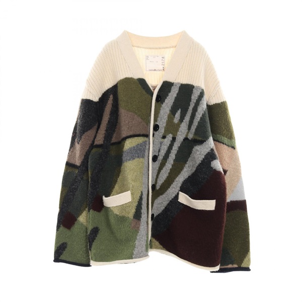 Sacai KAWS Cardigan sweater knitwear wool Beige Multicolor Used mens #1
