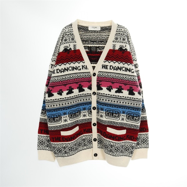 CELINE Logo cardigan Sweater Wool Beige Black Multicolor #M Used mens