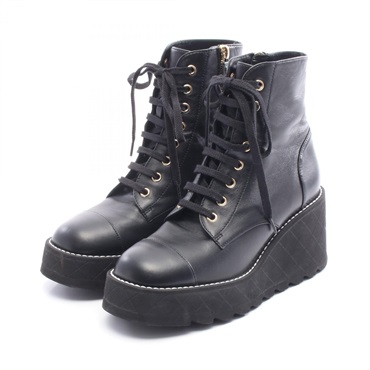 CHANEL short boots shoes lace-up #37C leather Black Used Women