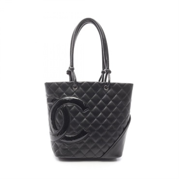 CHANEL Cambon line medium Tote Handbag leather Patent Black SHW Used Women