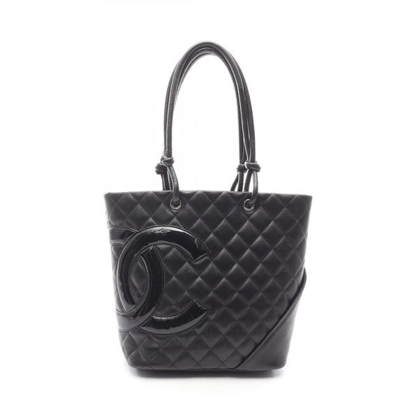 CHANEL Cambon line medium Tote Handbag leather Patent Black SHW Used Women